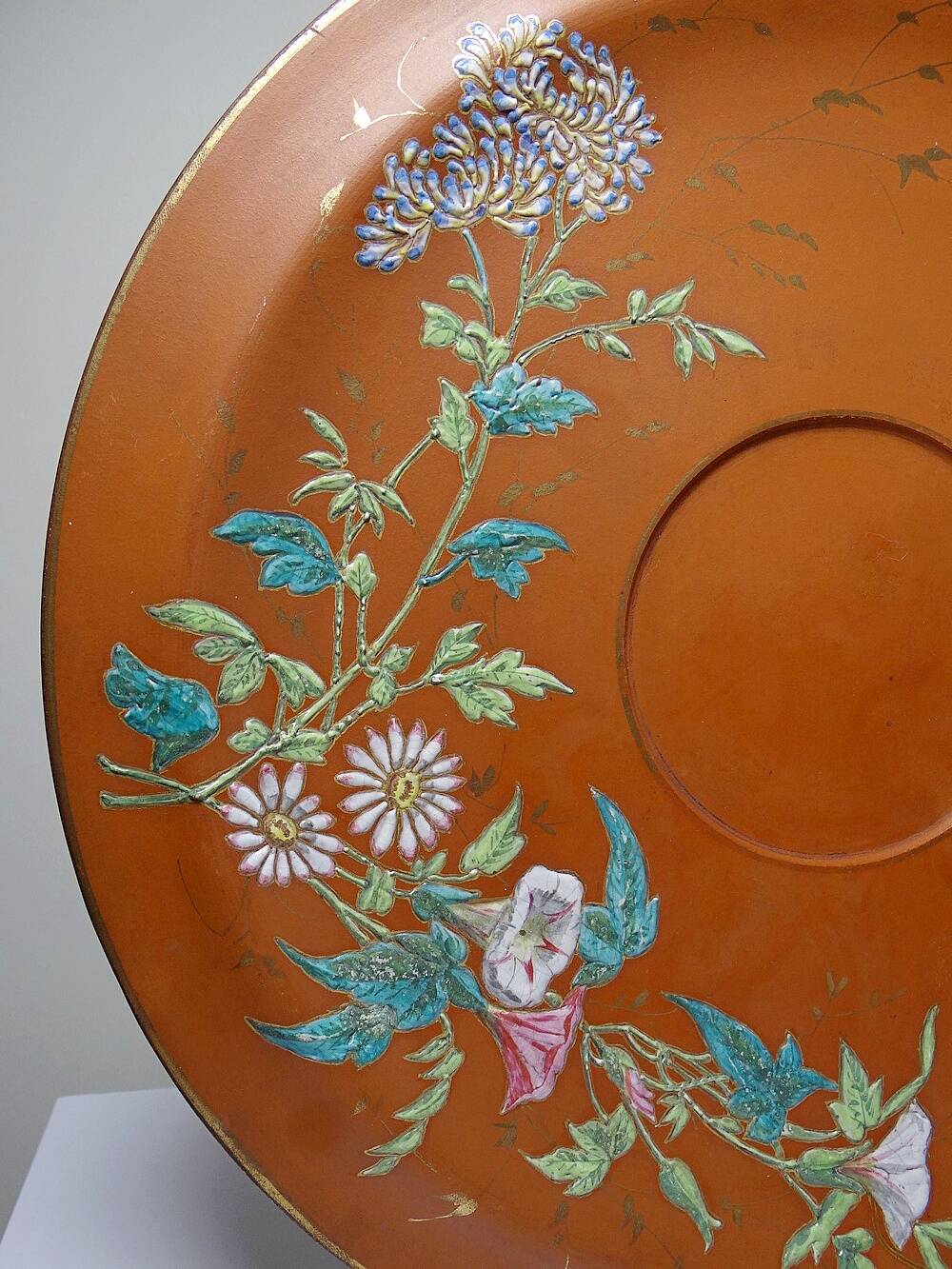 Large old clay/terracotta dish with Japanese Art Nouveau enamel