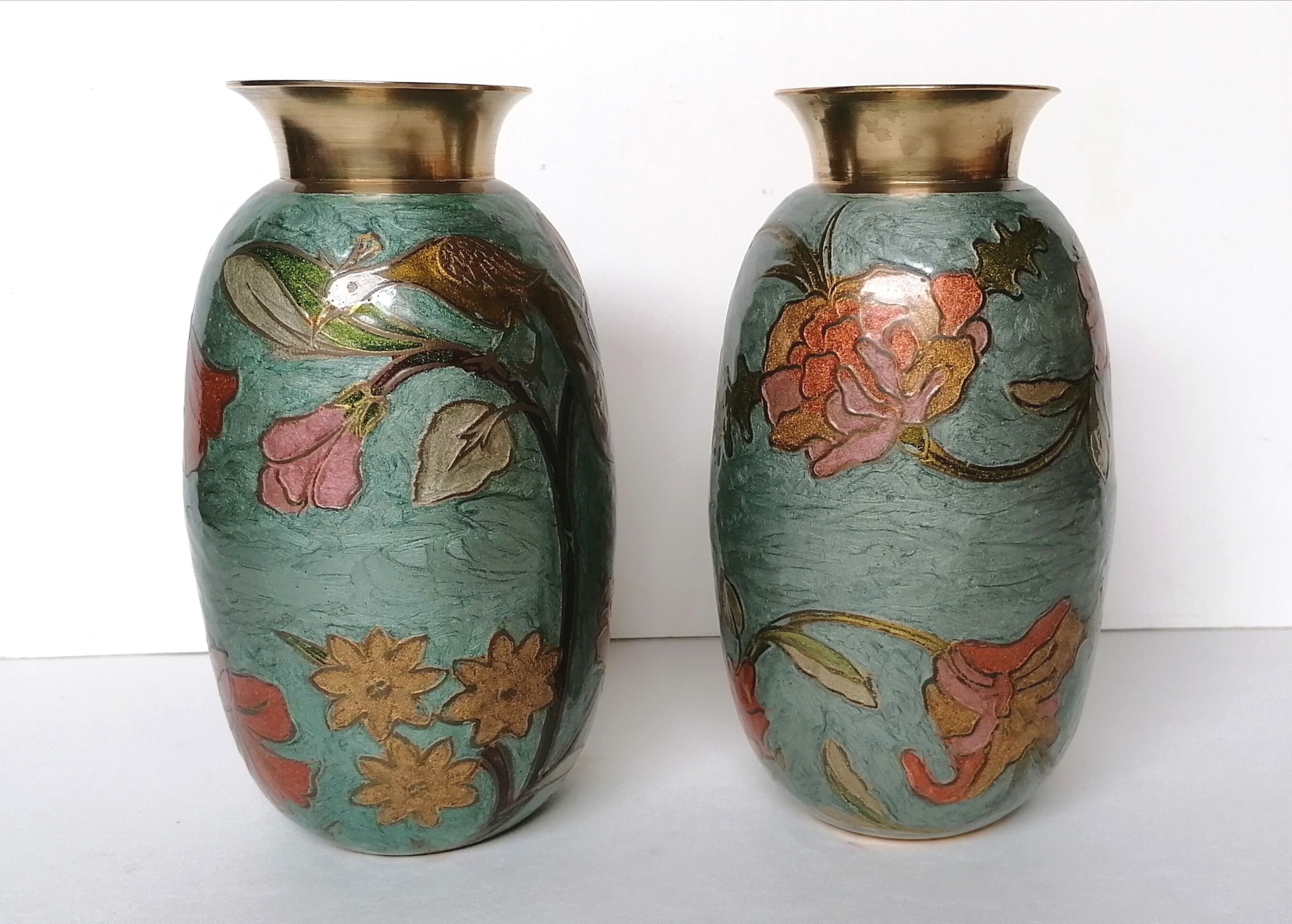 Pair of enamelled brass vases