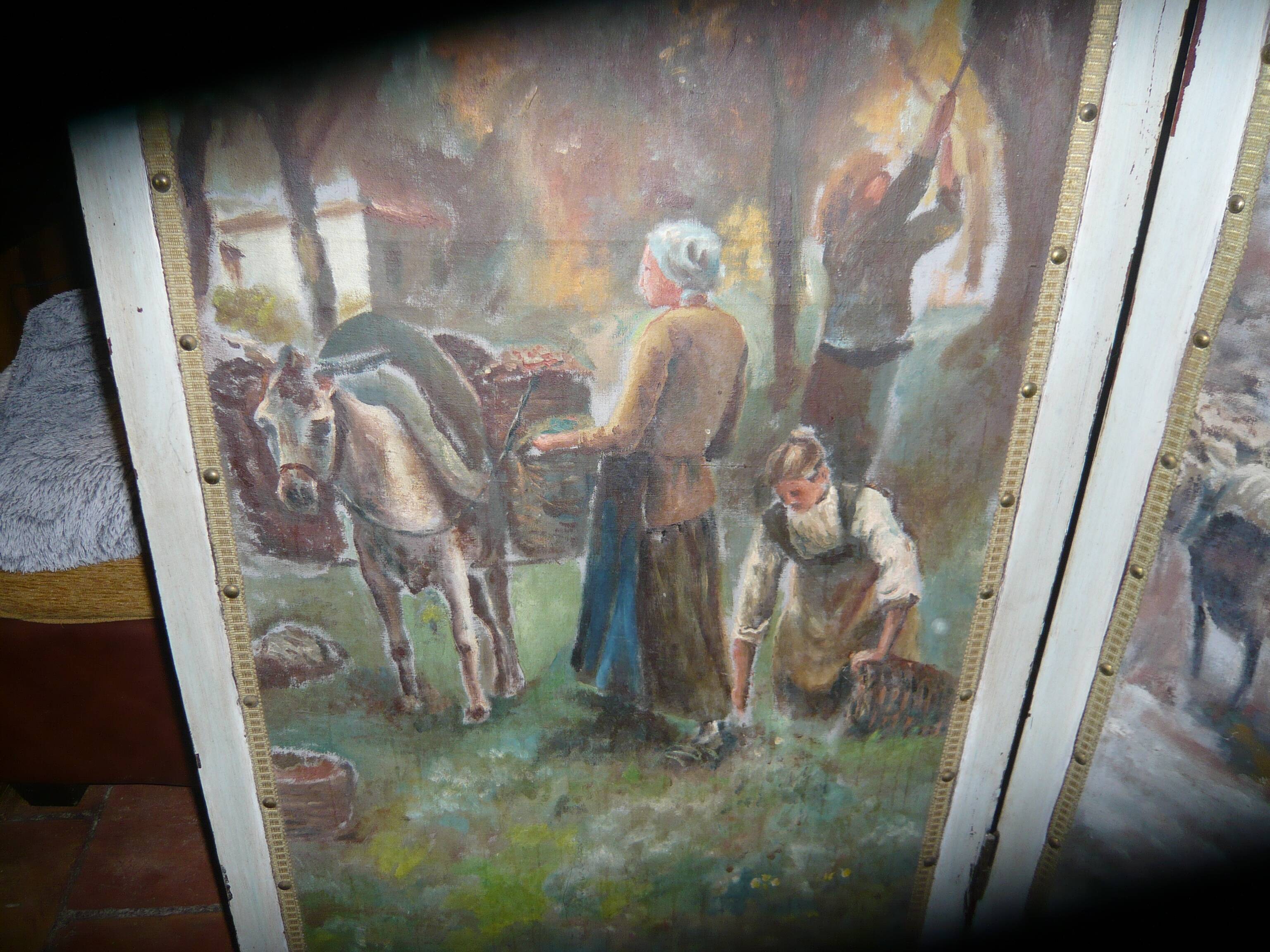 Screen XIX, four painted panels, rural decor. Art Deco style.