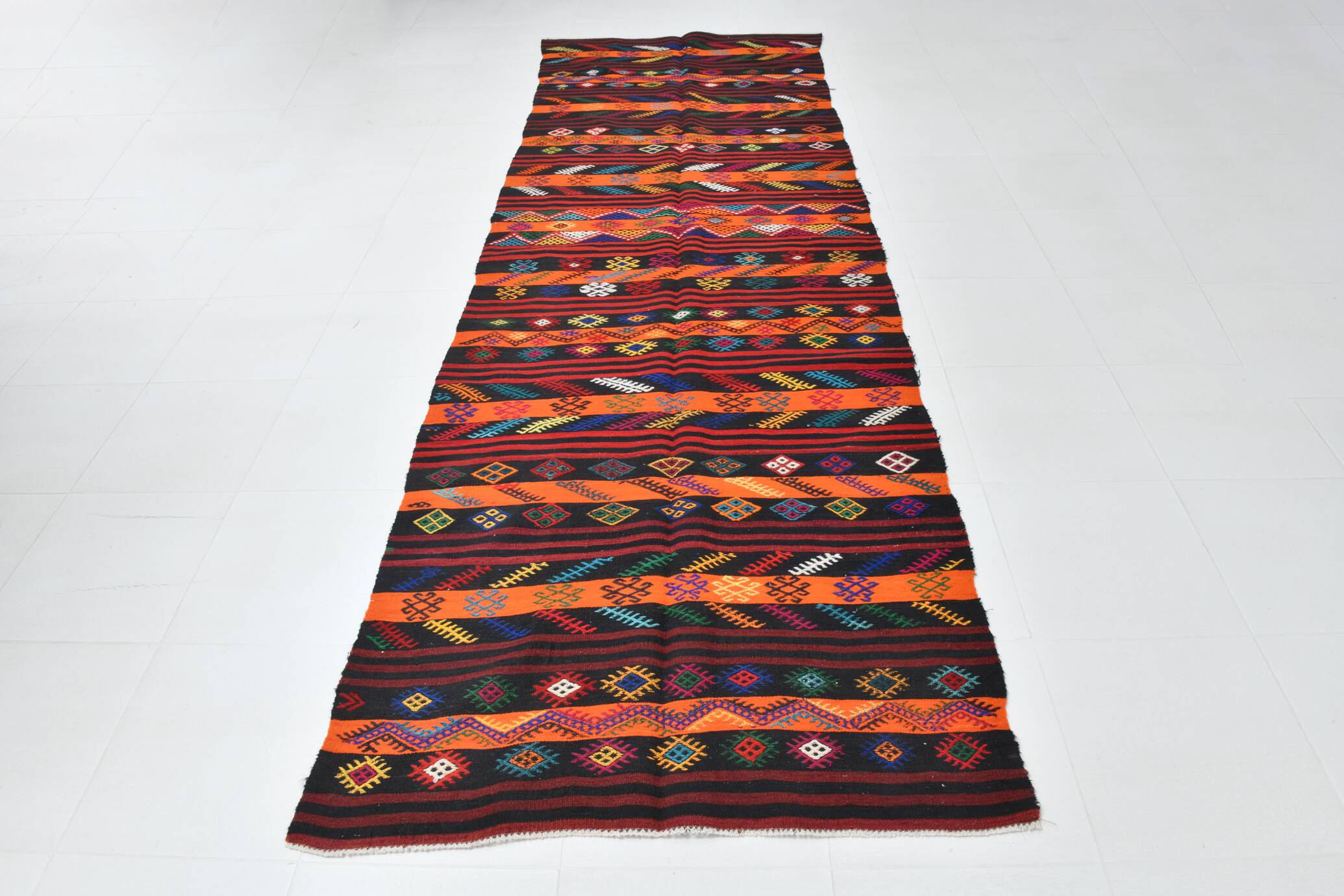 Orange & Black Wide Kilim Runner Rug, 119x371Cm