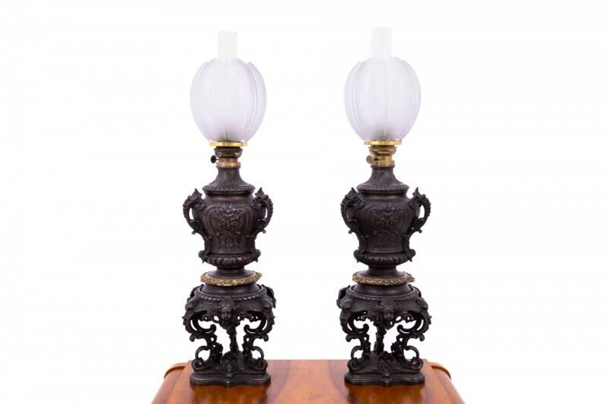 Pair of bronze oil lamps, France, circa 1880.