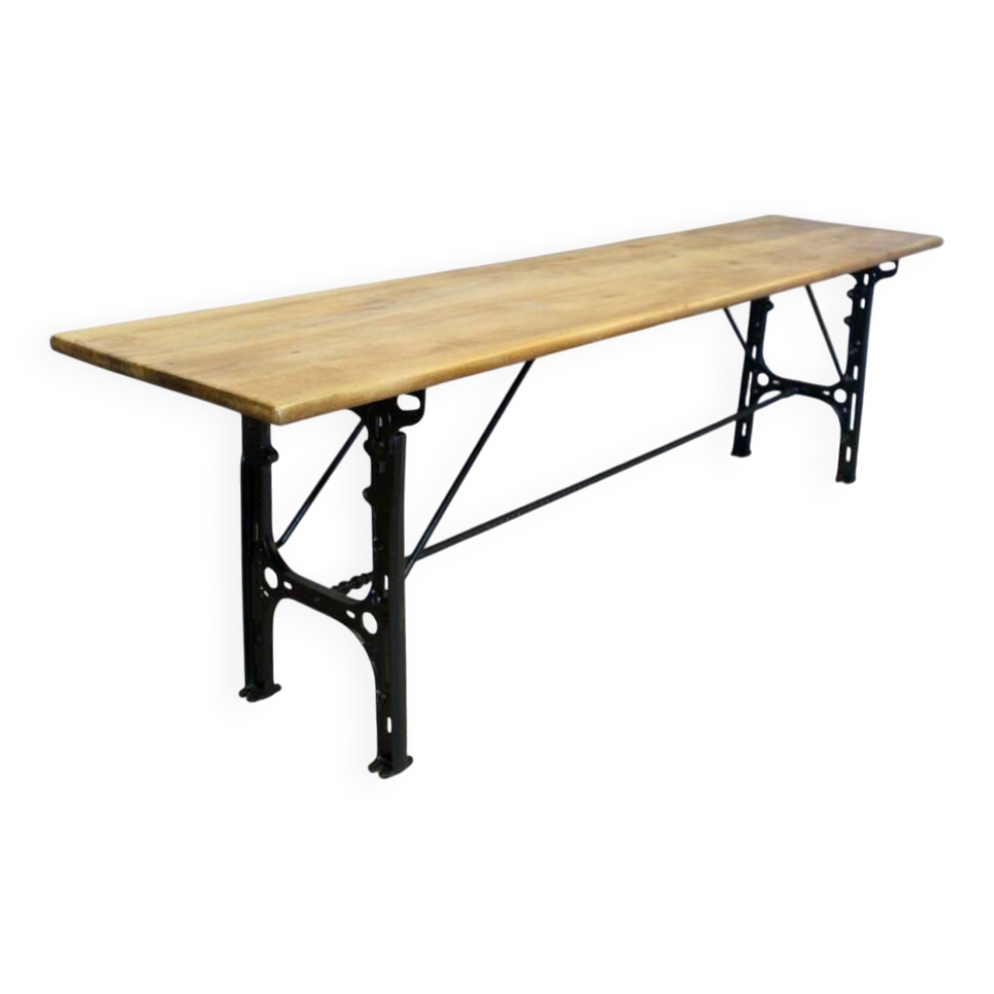 Grande Console Industrielle Plateau Noyer Piètement Fonte