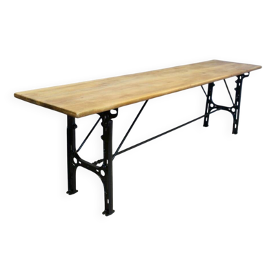 Grande Console Industrielle Plateau Noyer Piètement Fonte