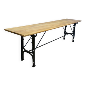 Grande Console Industrielle Plateau Noyer Piètement Fonte