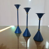 3 modernist Scandinavian candlesticks in blue lacquered metal and brass 60s 70s