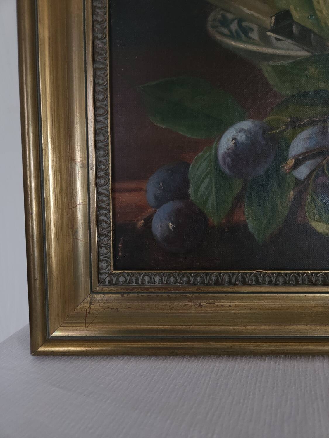 Still life, oil on canvas, melon and grapes.