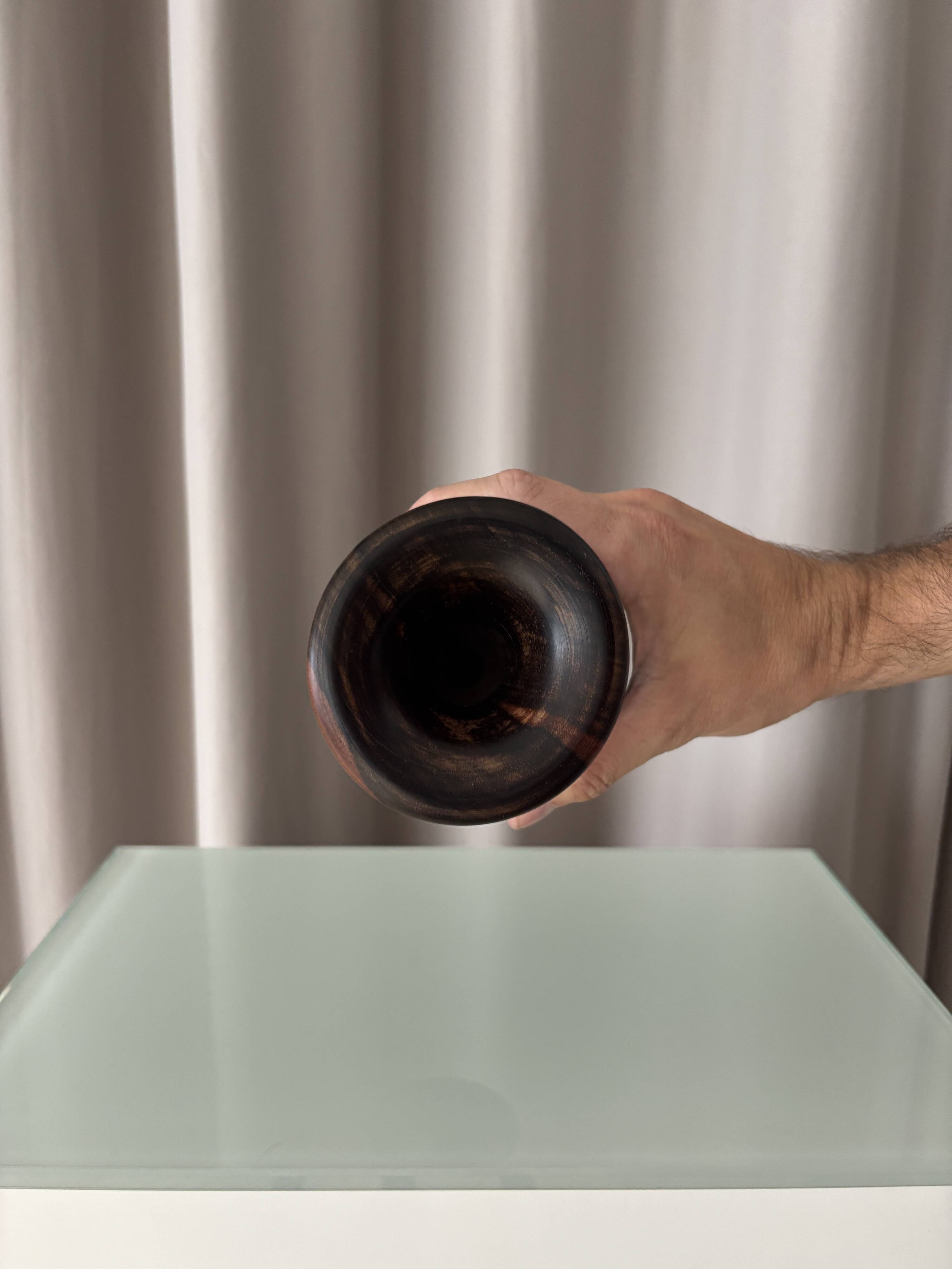 Vintage Sculptural Turned Wood Vase – Dark Hardwood – 20 cm