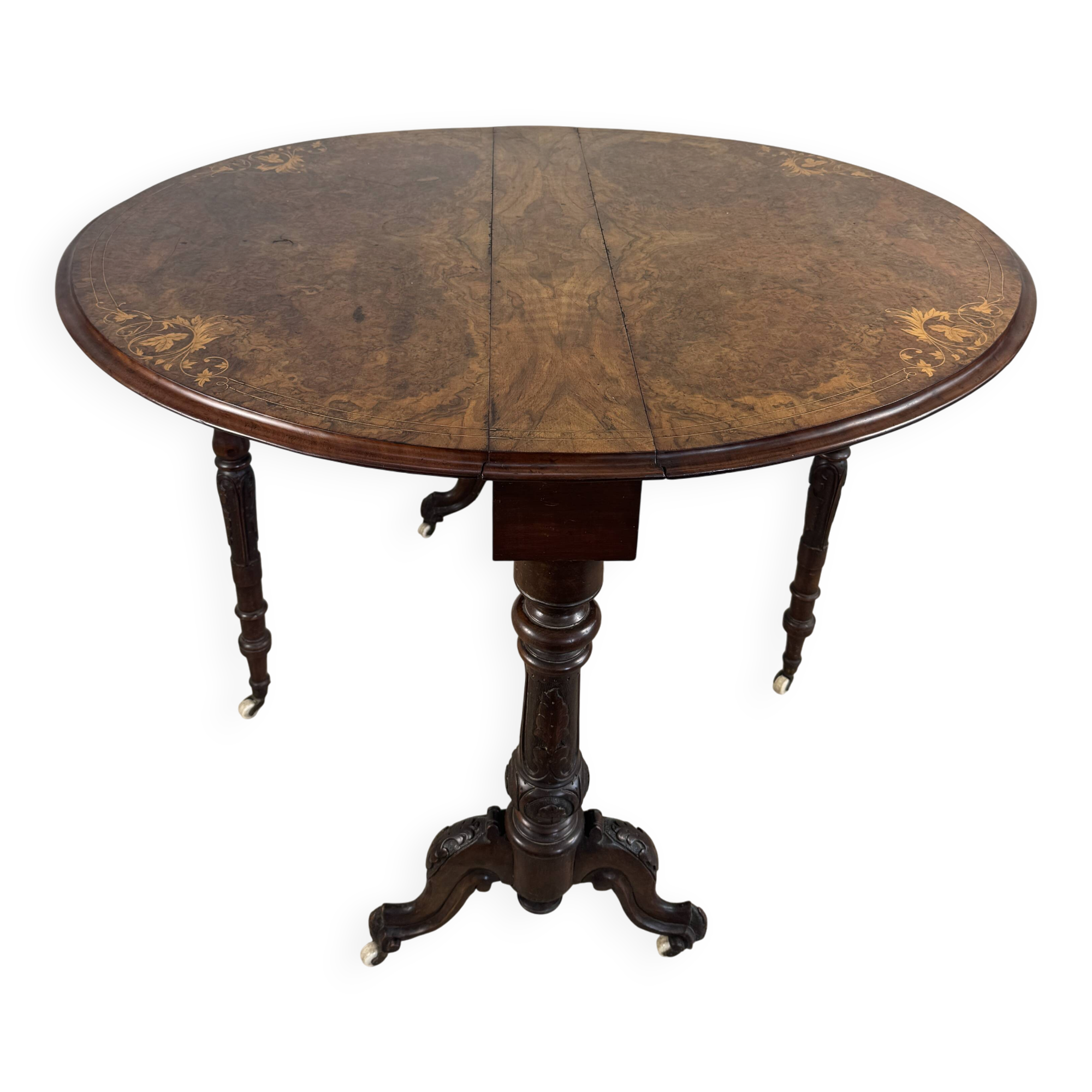 Victorian Sutherland table — walnut burl inlaid top