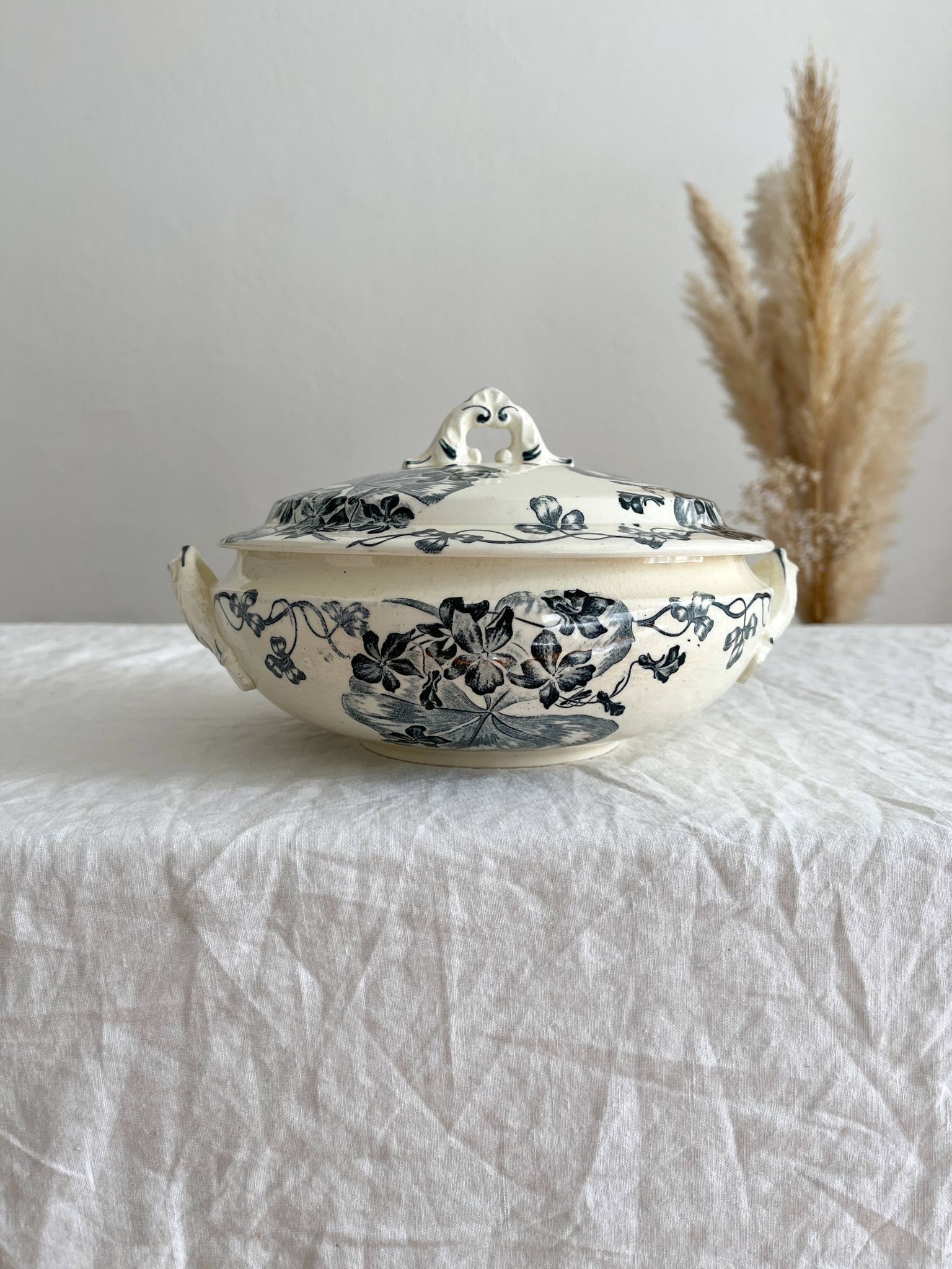 Small old vegetable soup tureen in iron earth "Les Violettes" Salins