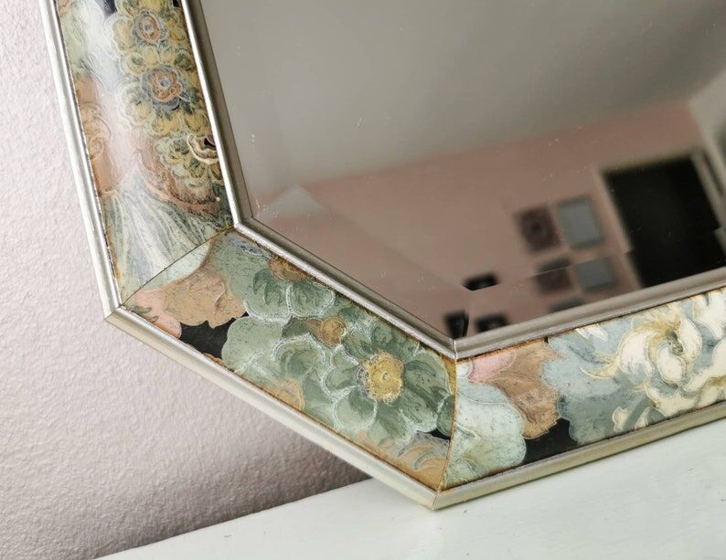 Vintage floral mirror in wood and cut glass, 80s
