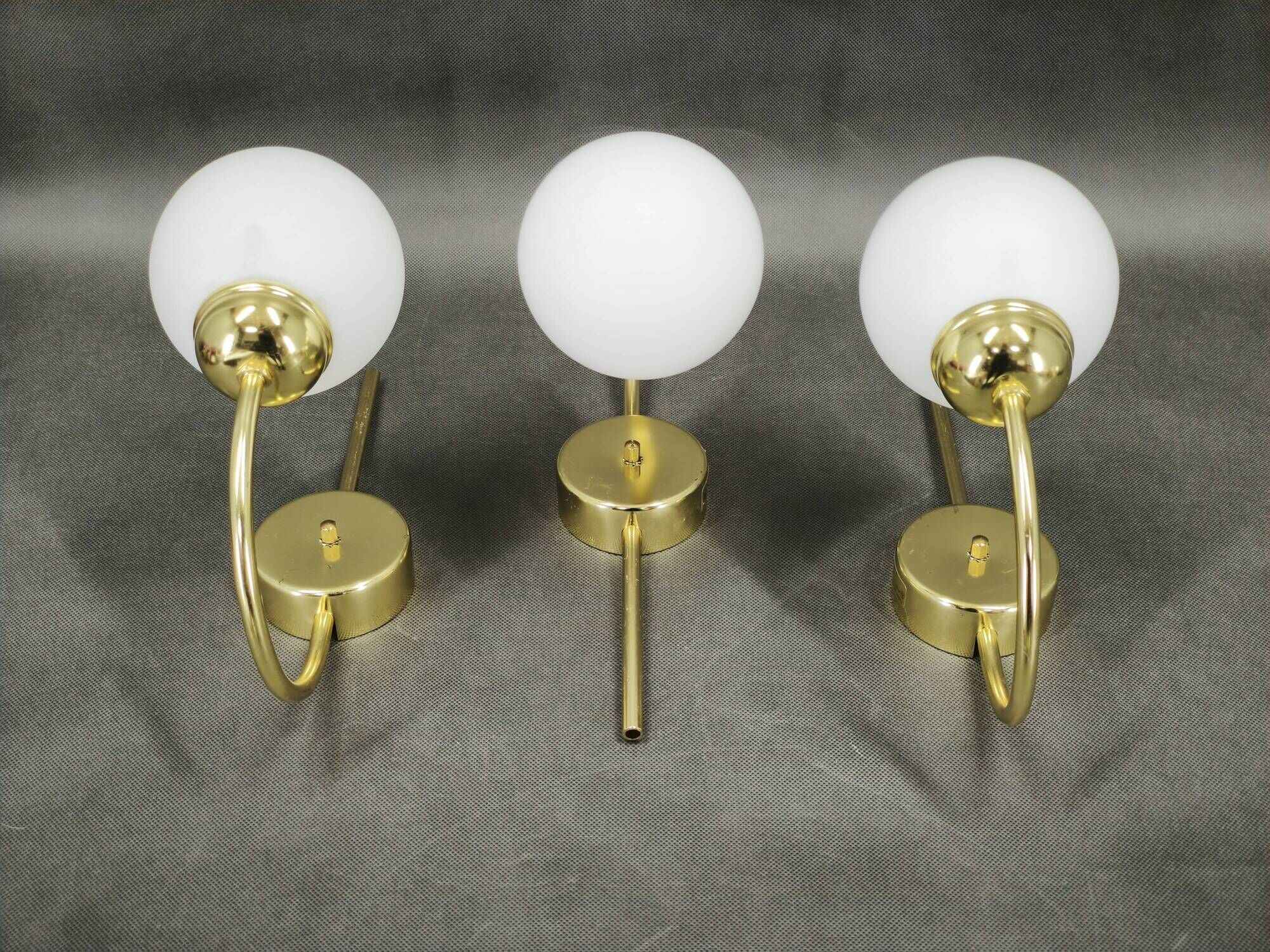 Set of Three Kamenický Šenov Brass and Opaline Glass Wall Lights