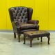 Dark Brown leather chesterfield wing chair with Ottoman