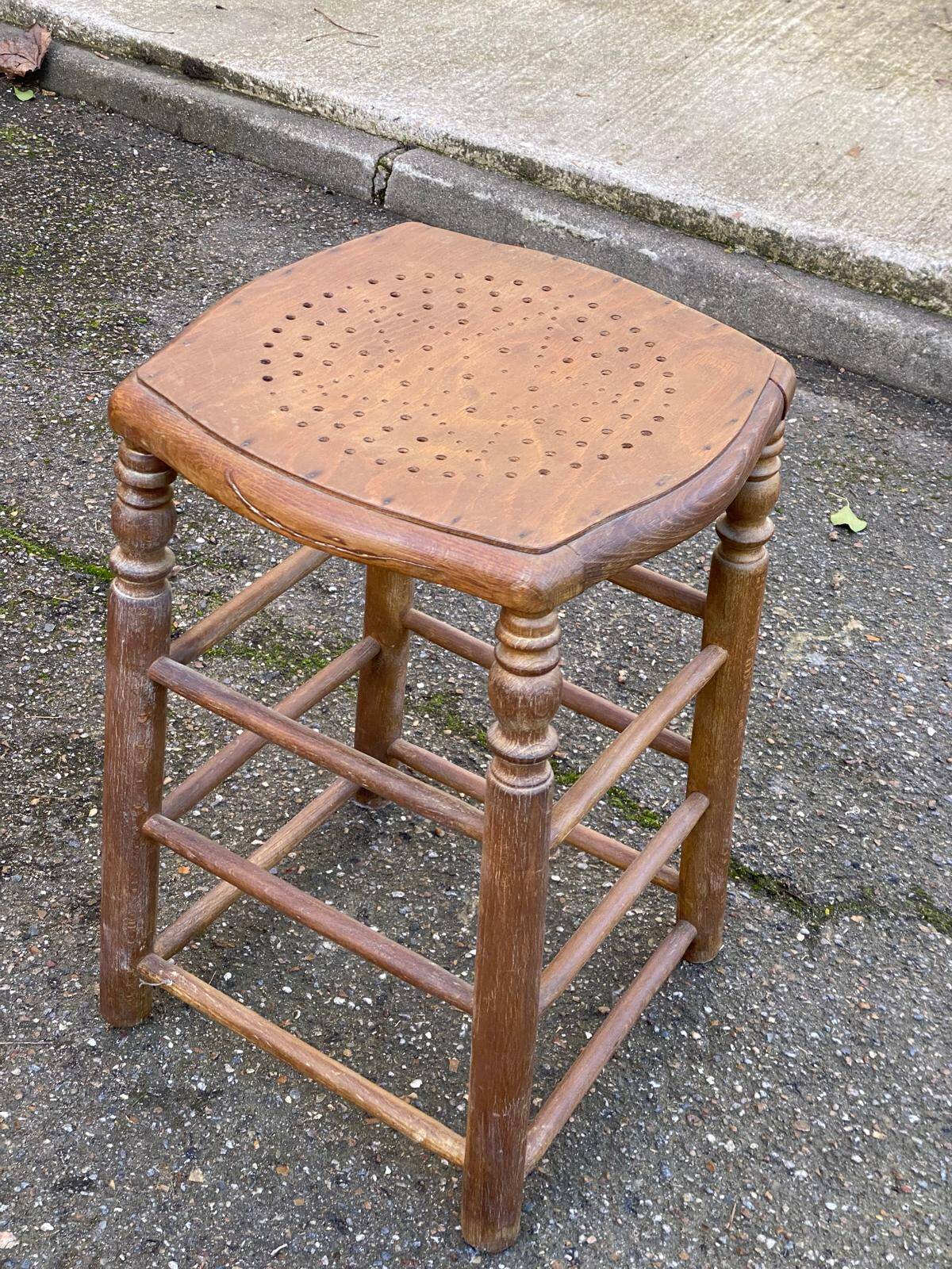Vintage square stool made of solid wood from the 19th century, 55cm.