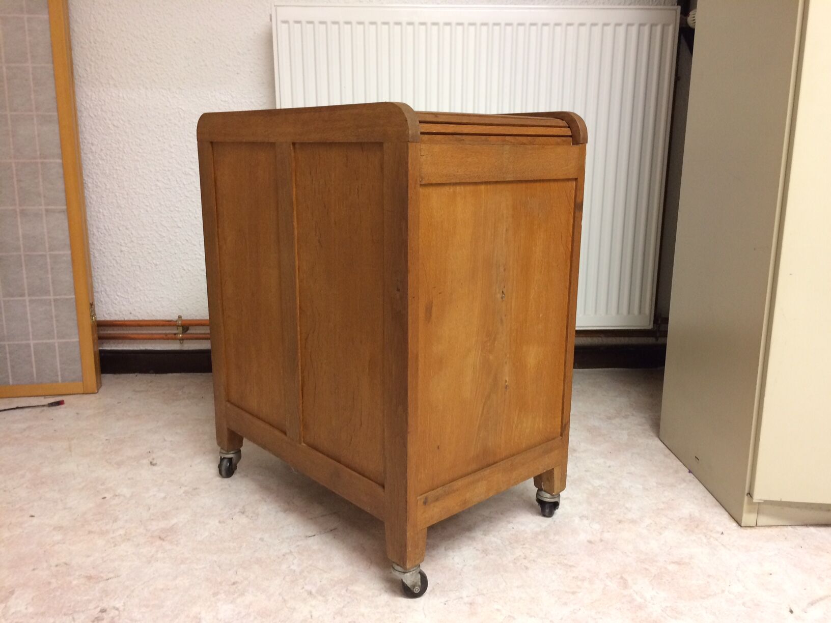 Old curtain oak wheeled box 1950