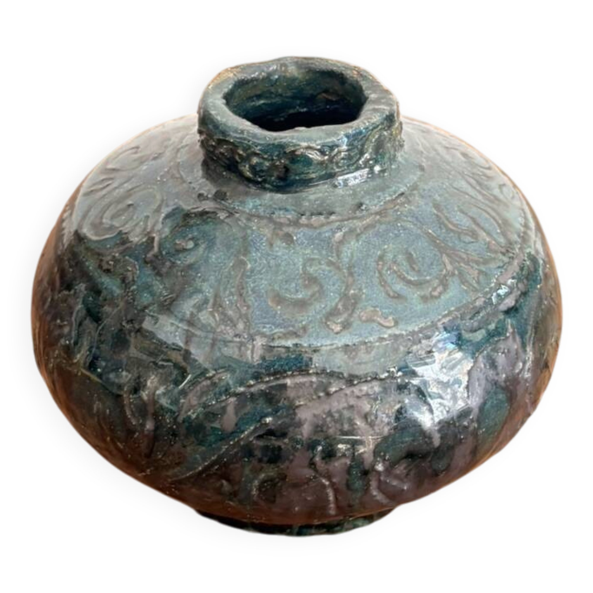 Glazed Engraved Bowl Vase with Geometric Flowers, Popular Art from the 50s