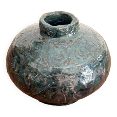 Vase Boule Gré Emaillé Gravé Fleurs Géométrique Art Populaire 50's