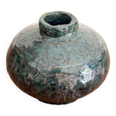 Vase Boule Gré Emaillé Gravé Fleurs Géométrique Art Populaire 50's