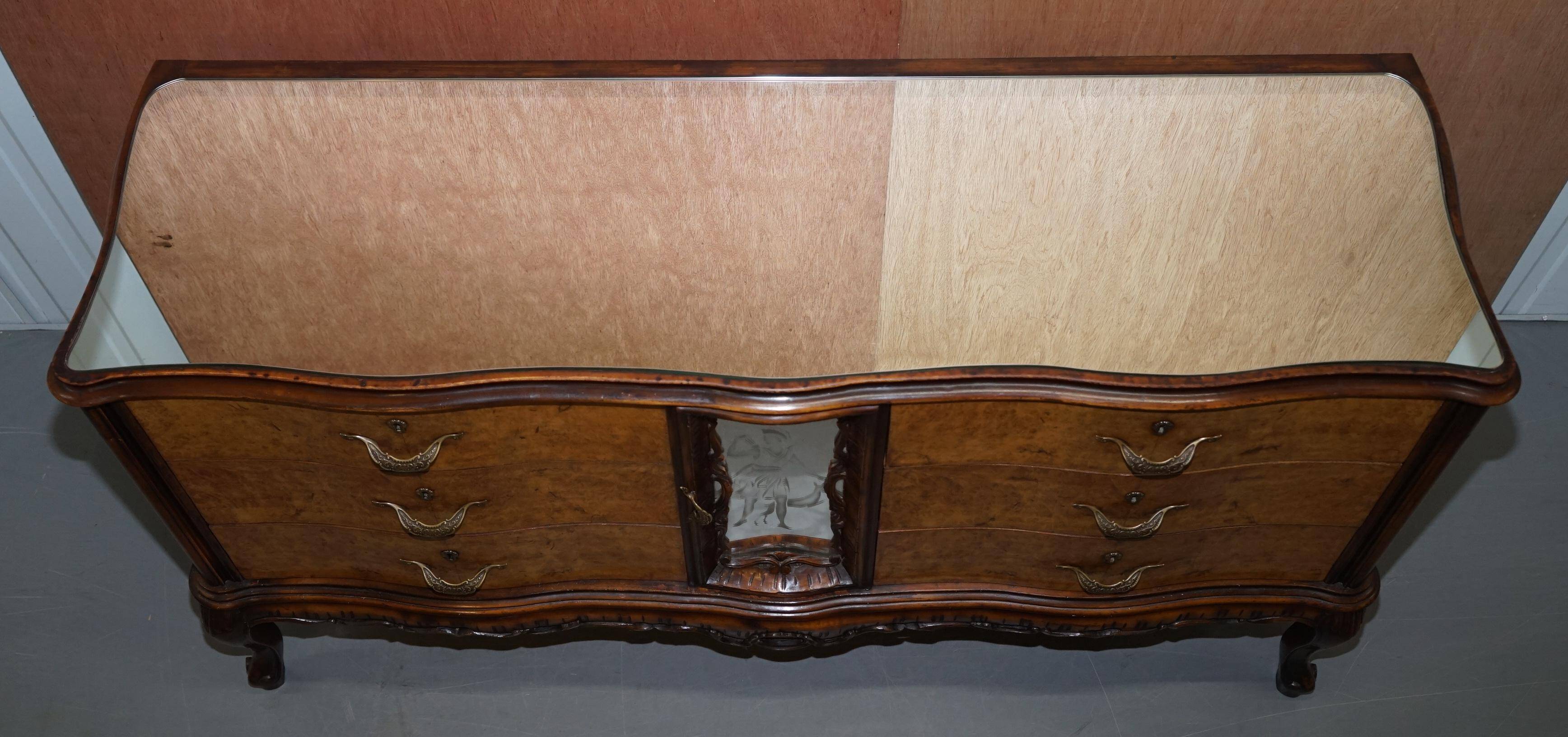 Vintage Italian Buffet in Walnut with Serpentine Front and Mirror Top