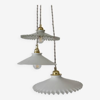 Vintage triple lampshade pendant light in white opaline