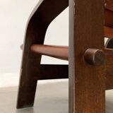 Brutalist Mid-Century Safari Armchair in Wood and Leather, 1960s