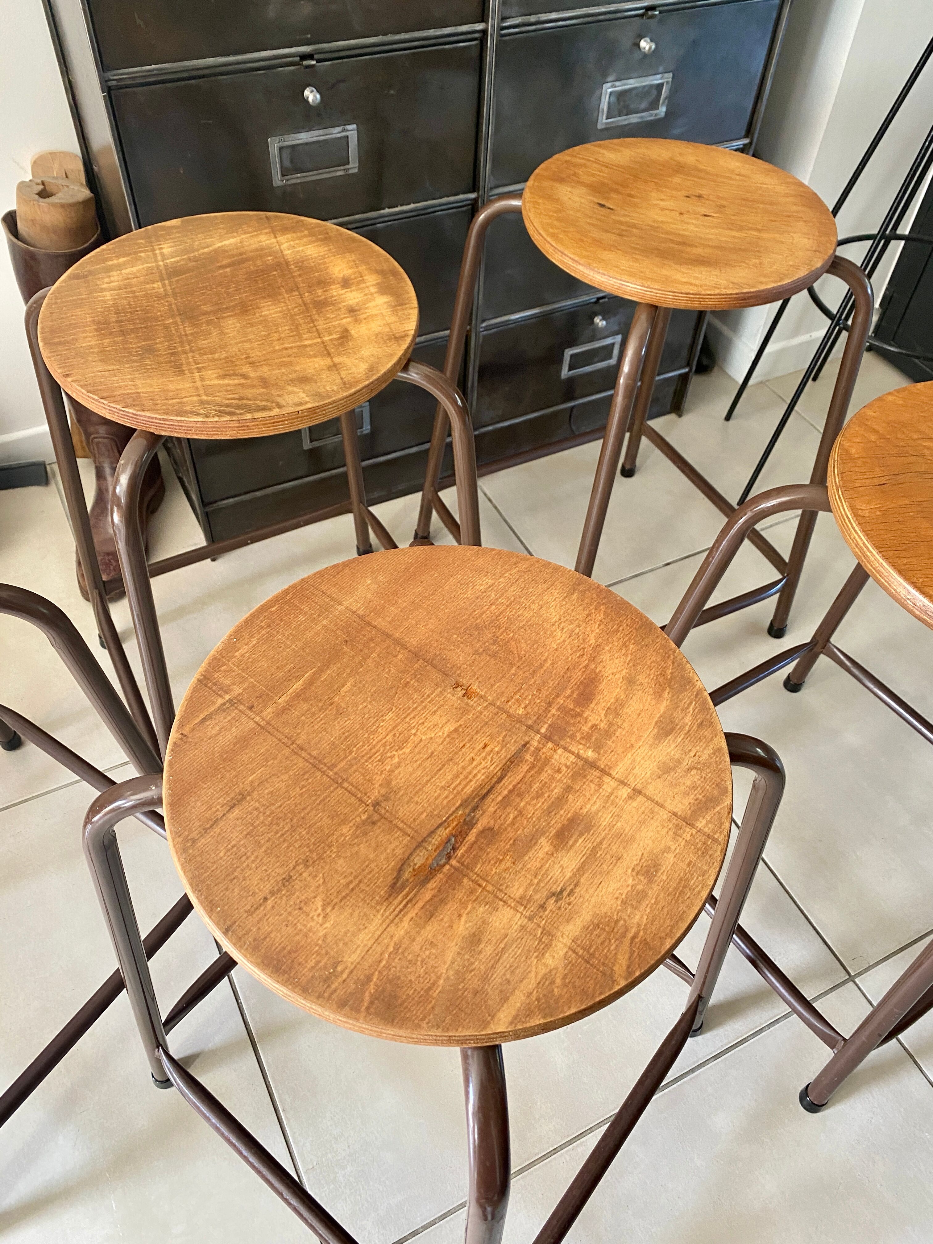 Series of 5 metal and wood workshop stools
