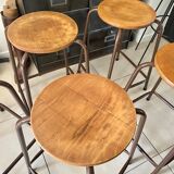 Series of 5 metal and wood workshop stools