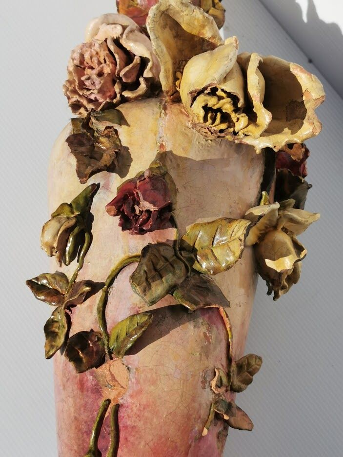 Signed polychrome terracotta vase dating from 1892, art nouveau (h.75cm) rare