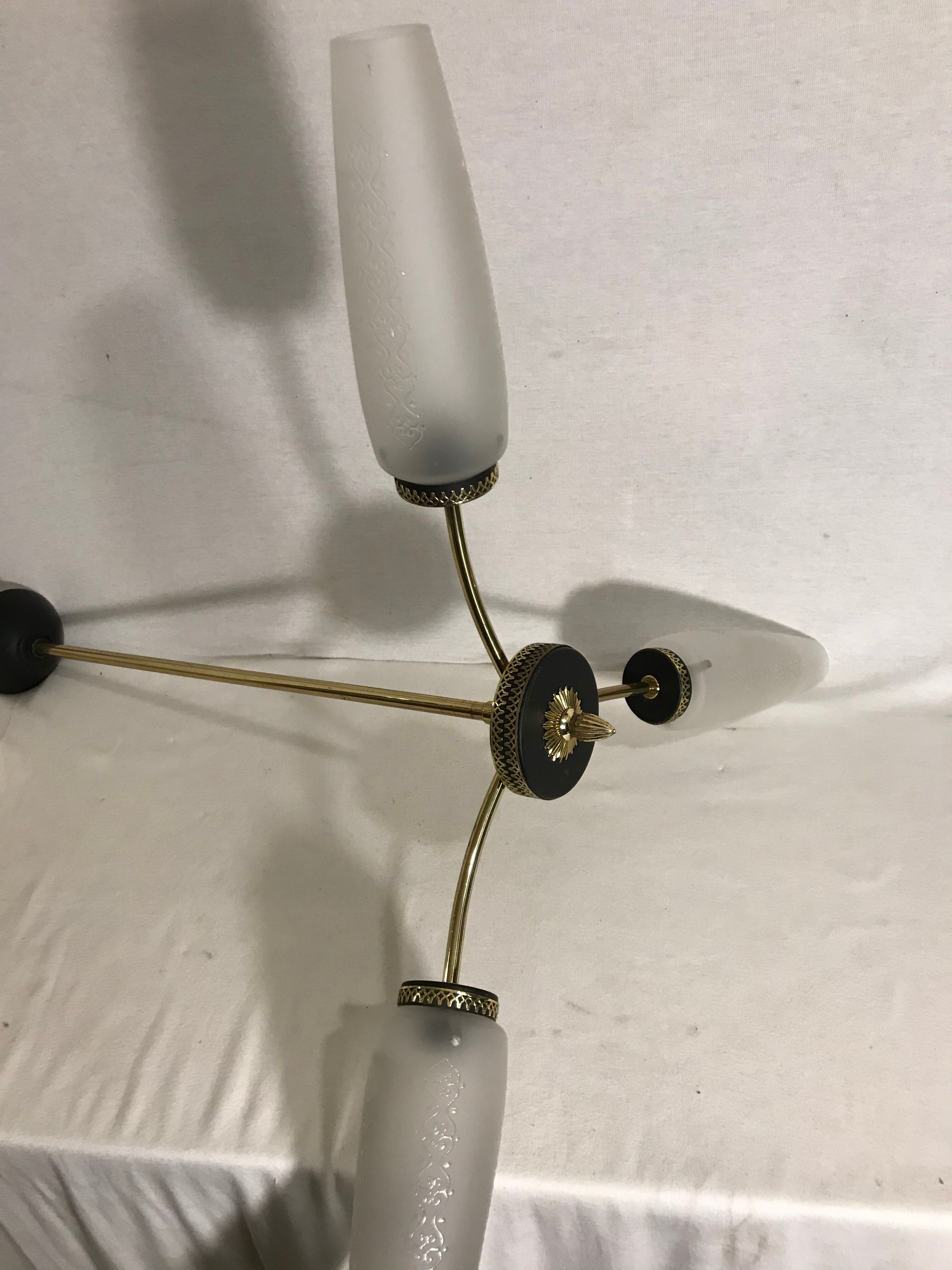 Lot brass suspension and 2 brass double wall sconces 70s