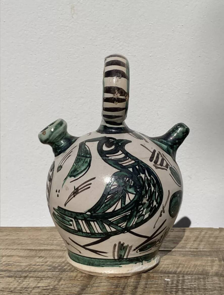 Hand-painted Picasso style ceramic bird jug signed Punter