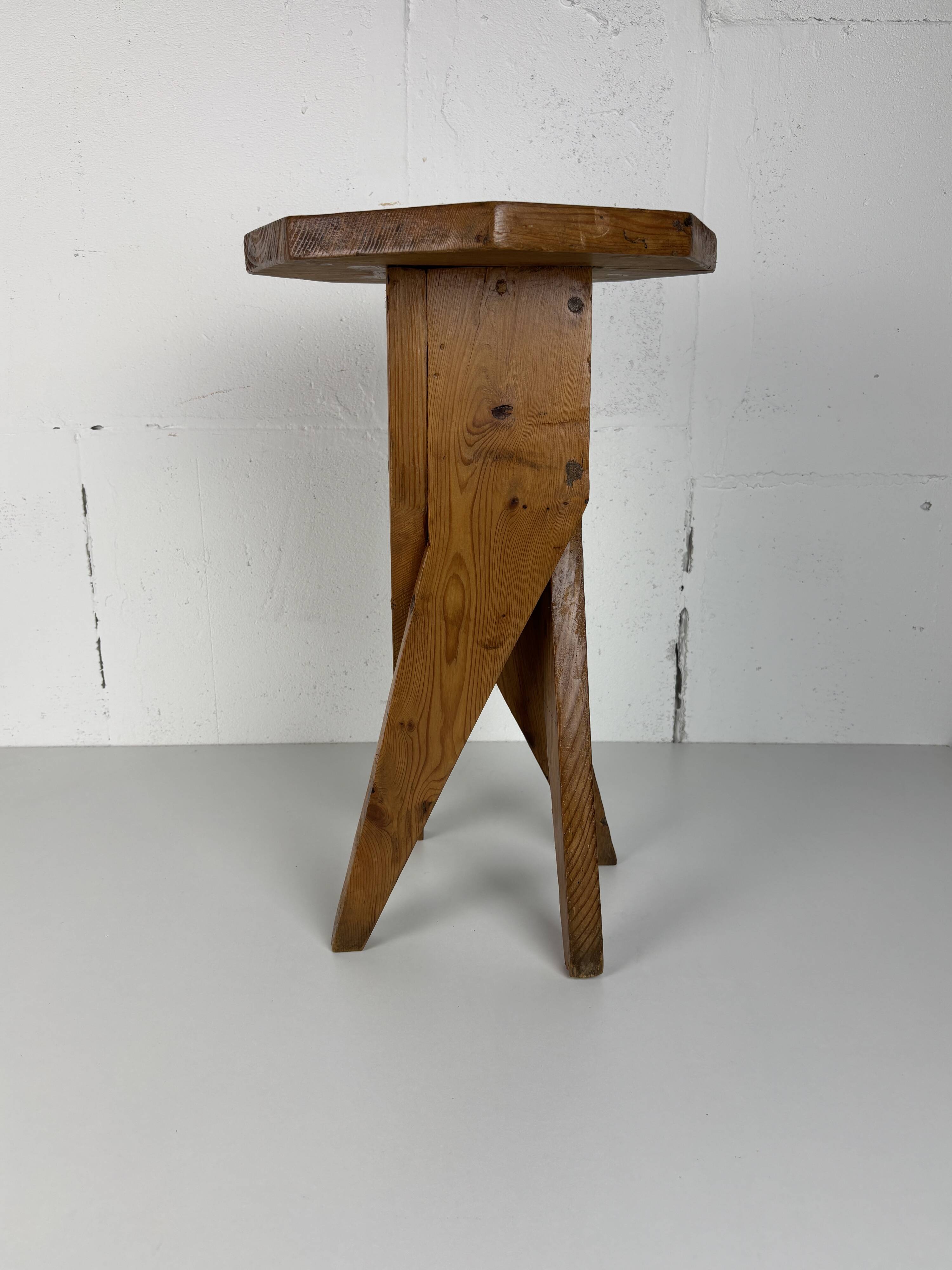 Midcentury brutalist artisanal rustic handcrafted stool, France 1960s