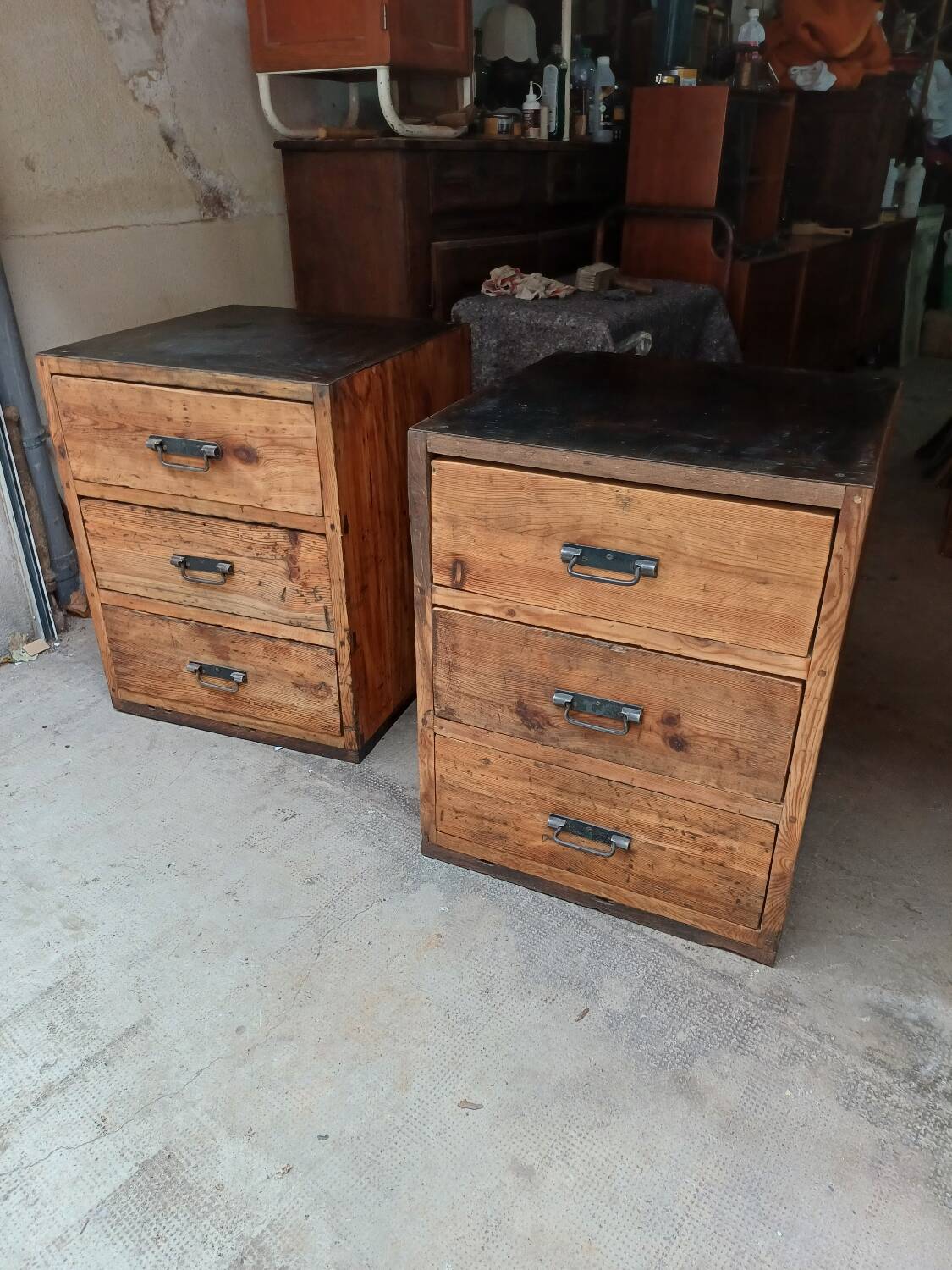 Pair of workshop furniture, solid wood, metal top 1930, 1950