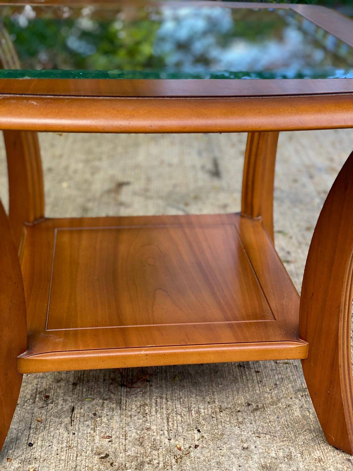 Scandinavian square coffee table, curved wood and glass, 60cm