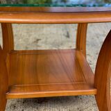 Scandinavian square coffee table, curved wood and glass, 60cm