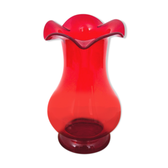 Red midcentury glass vase, Poland, 1970s