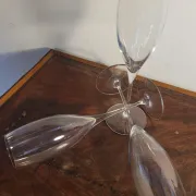 3 large crystal champagne flutes. No brand.