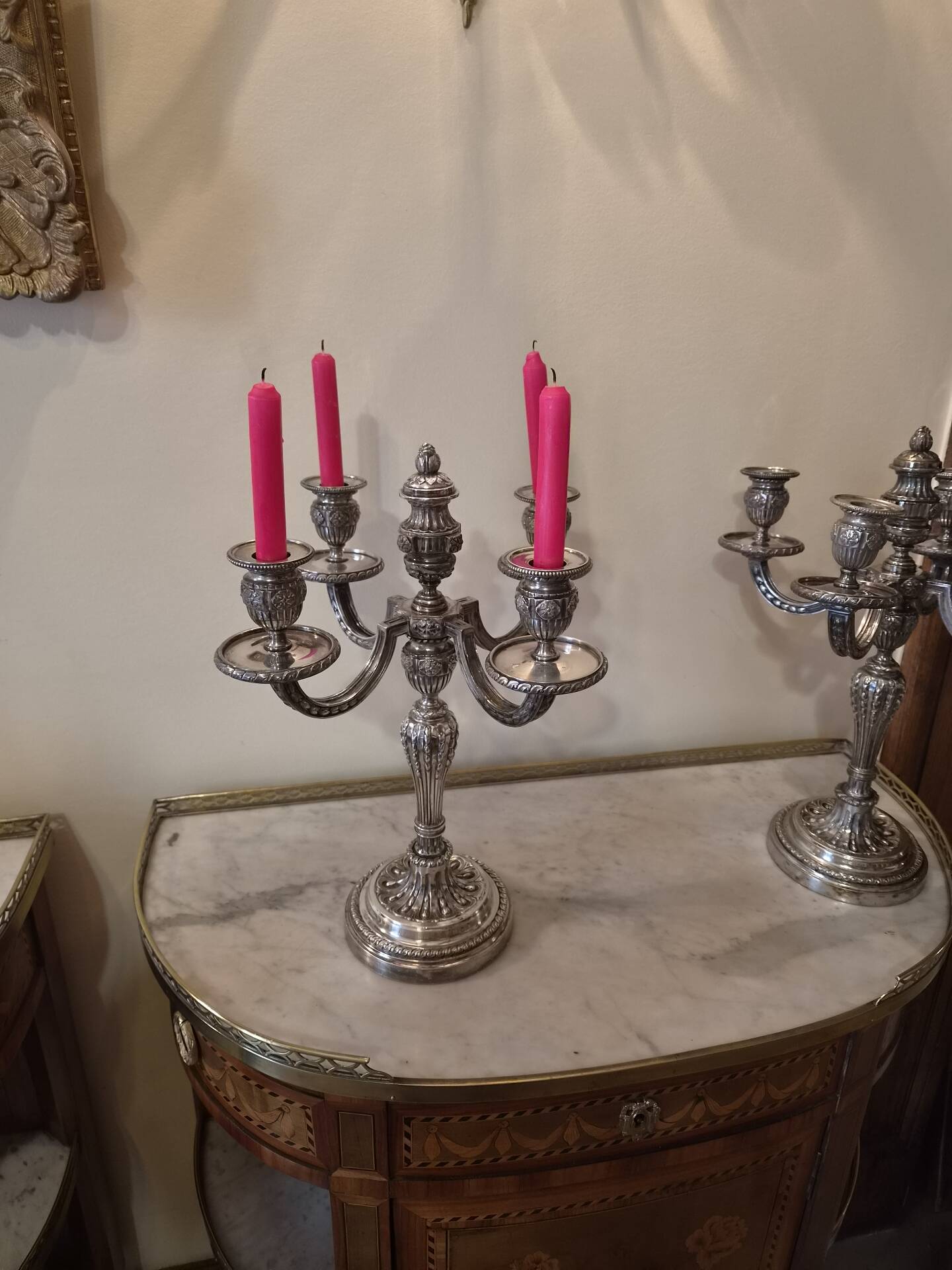Pair of four-light candelabra in silver-plated metal in Louis style.