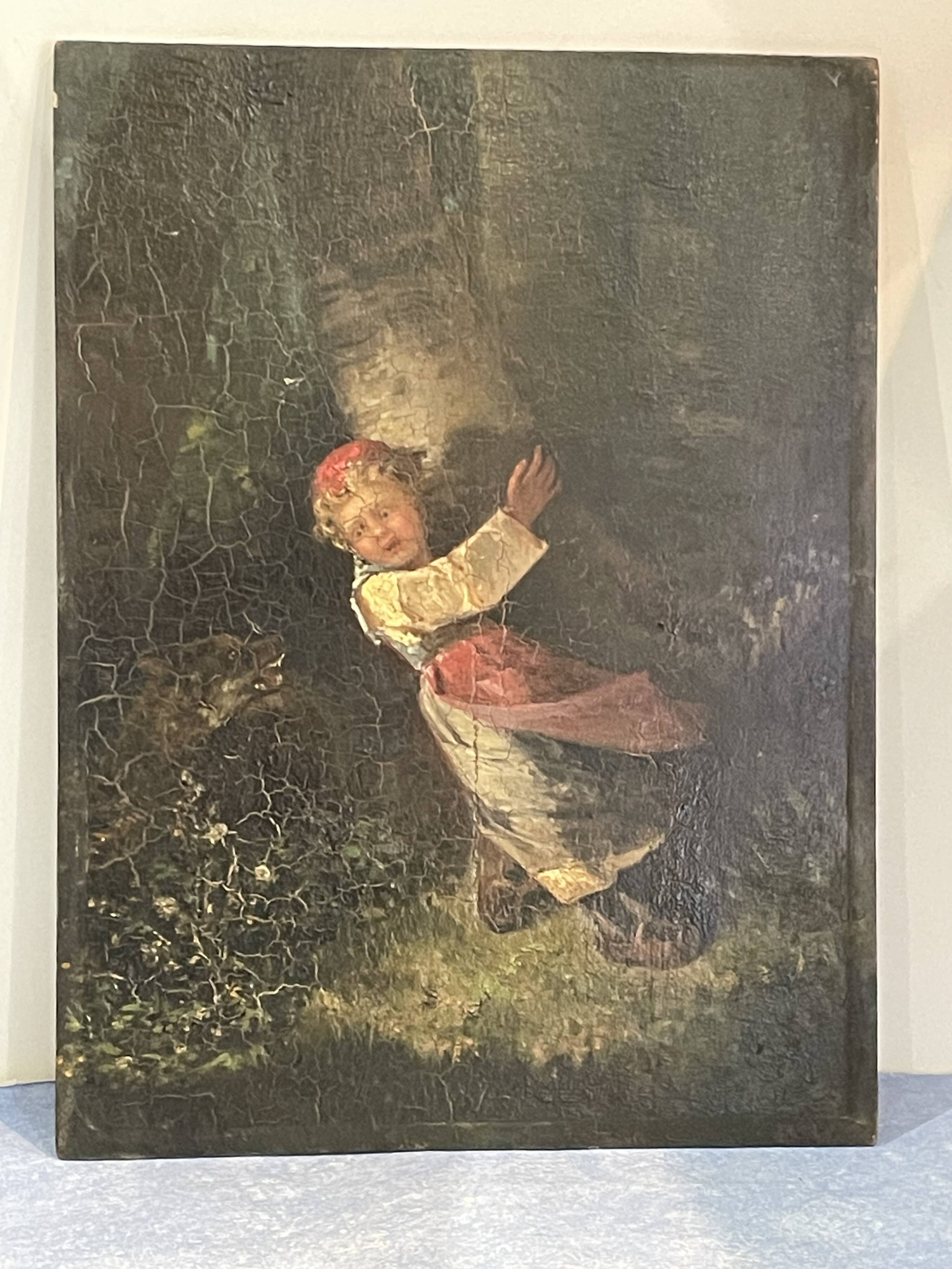 oil on panel, Red Riding Hood, unsigned, quite old-fashioned