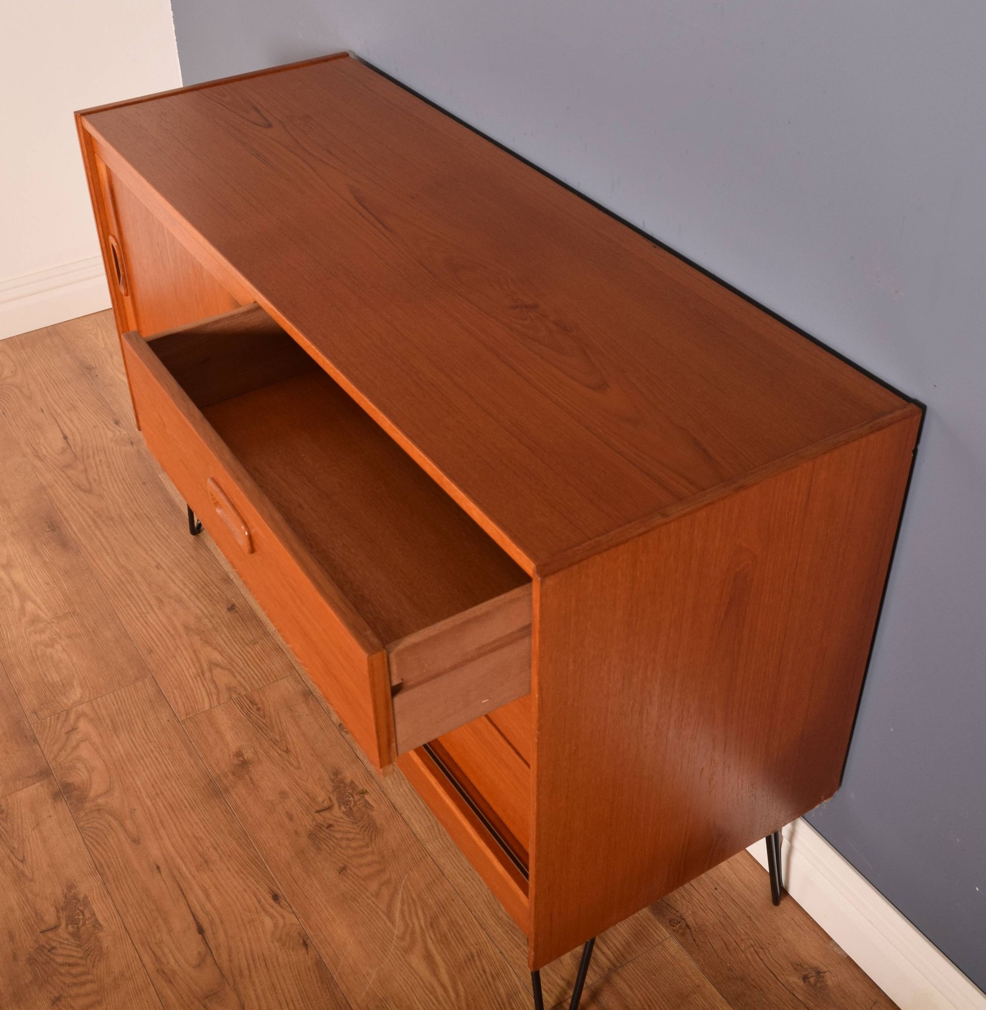 Restored Danish Teak 1960s Short Retro Sideboard Hairpin Legs