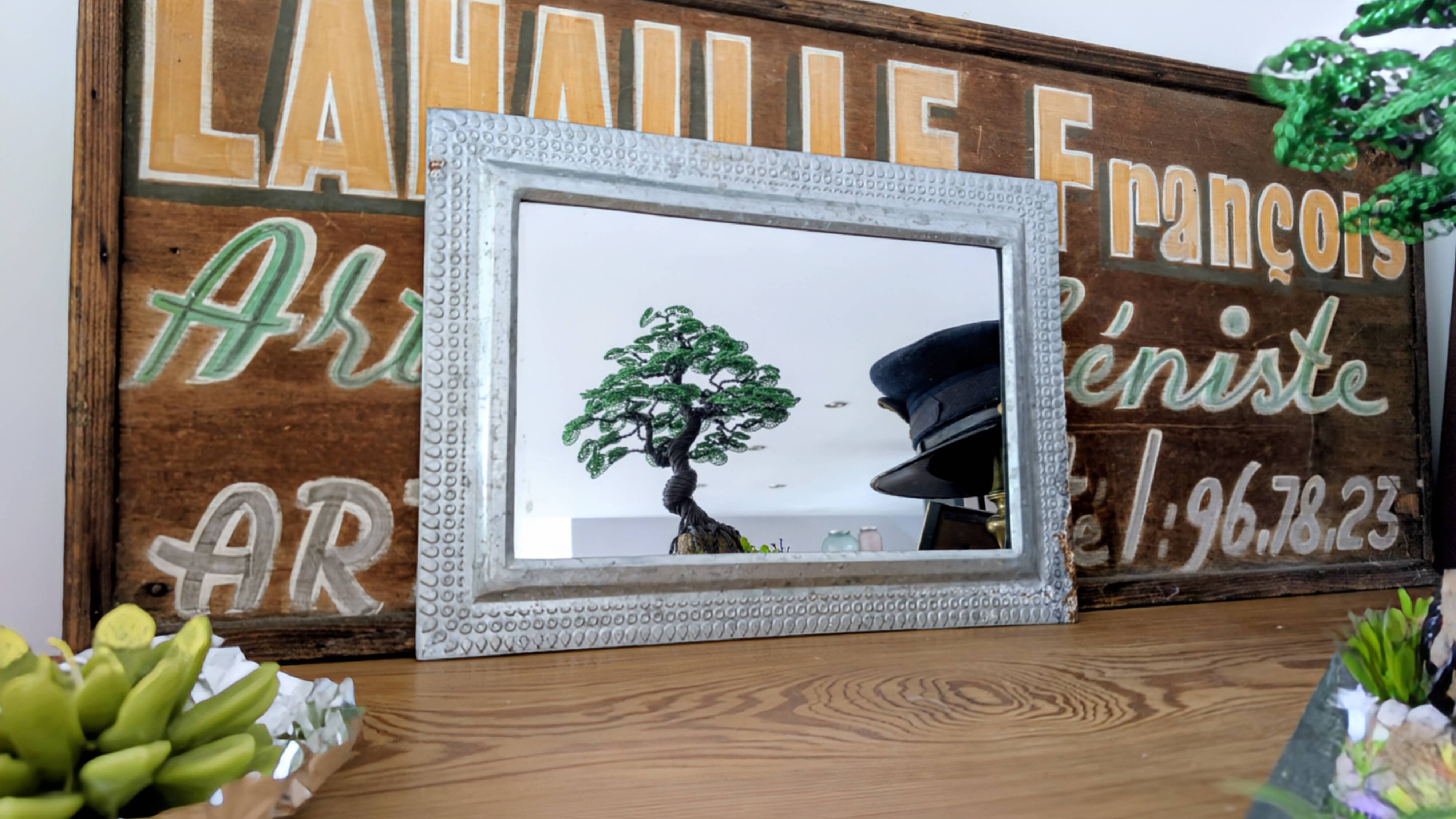 Antique rectangular mirror, hammered metal frame 35 x 25 cm
