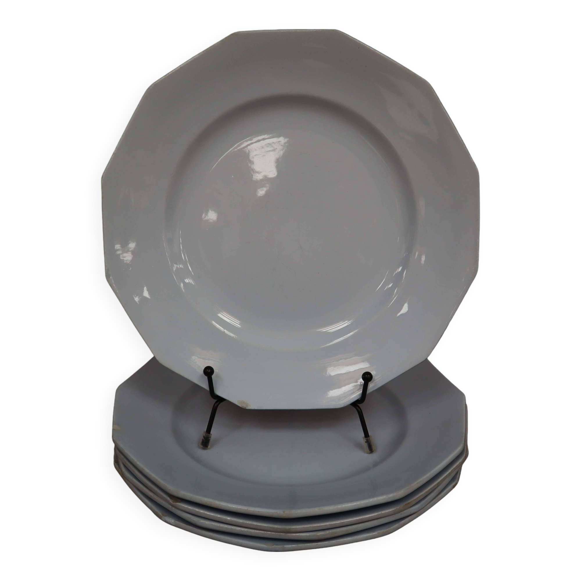 5 flat octagonal earthenware plates Moulin des loups pale blue color