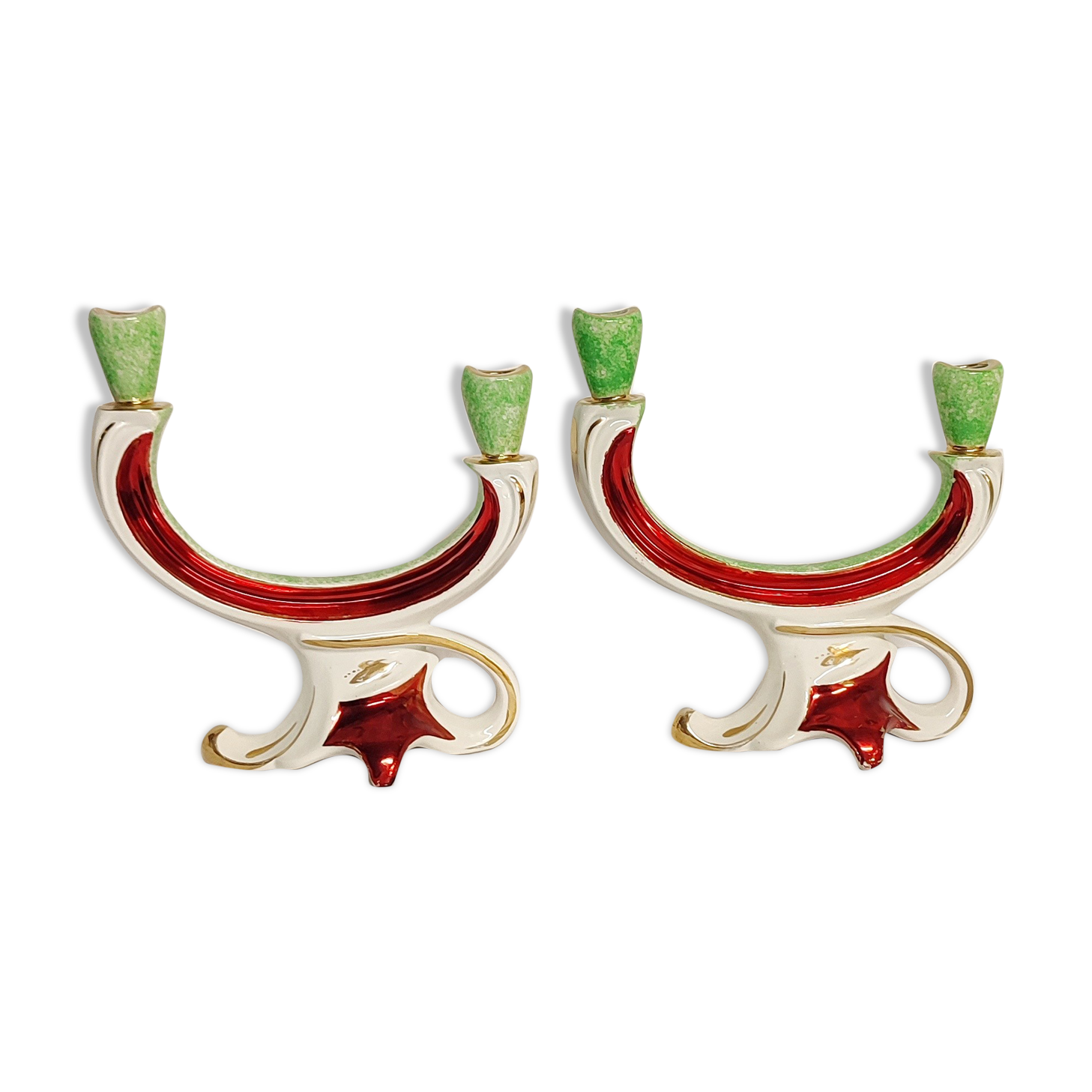 Painted ceramic chandeliers. France, 1950s.