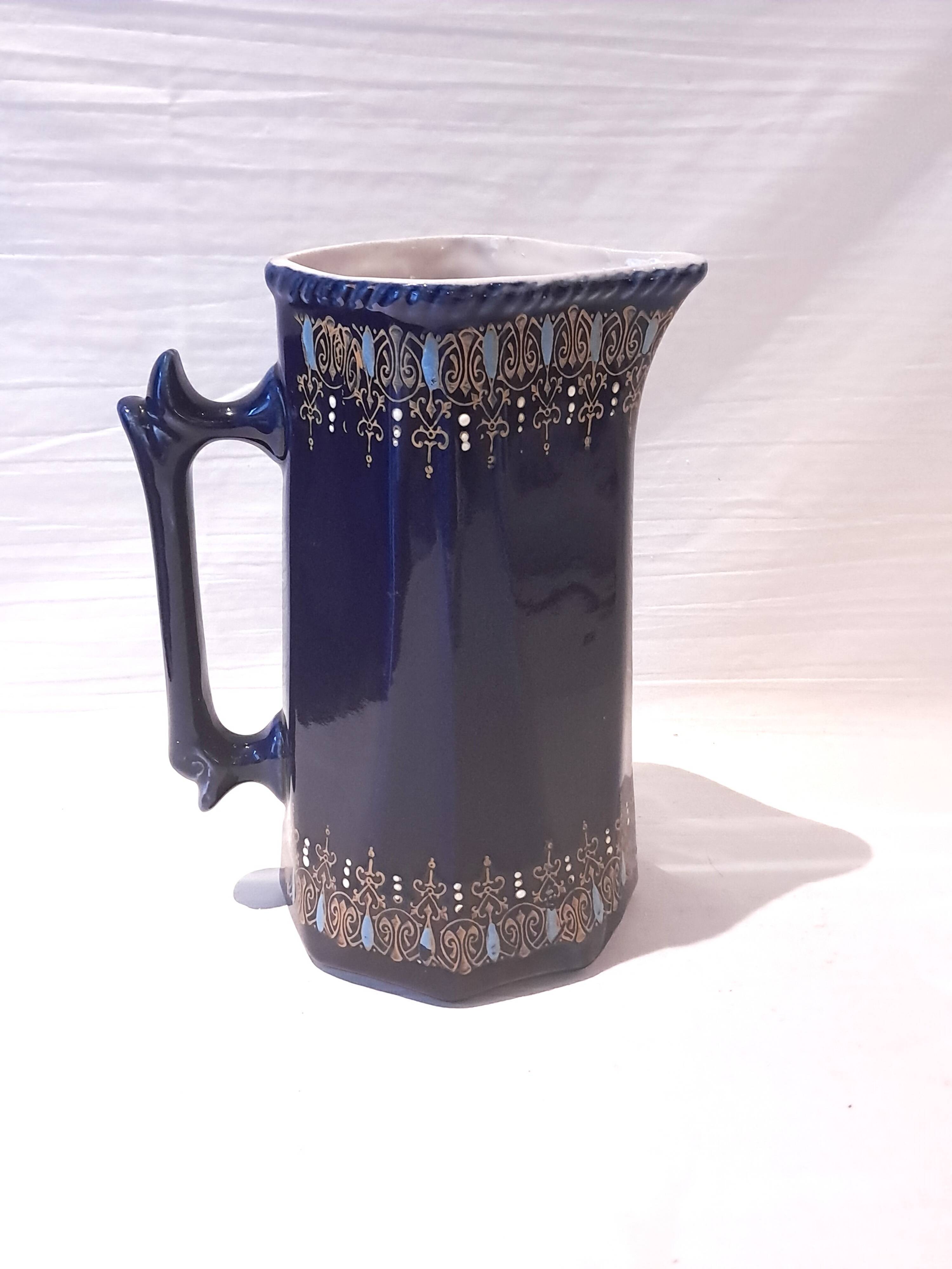 Antique Cobalt Blue Earthenware Jug With Enamelled Decor