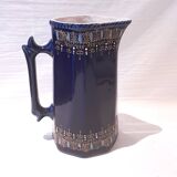 Ancienne Cruche En Faïence Bleu Cobalt Avec Décor Émaillé
