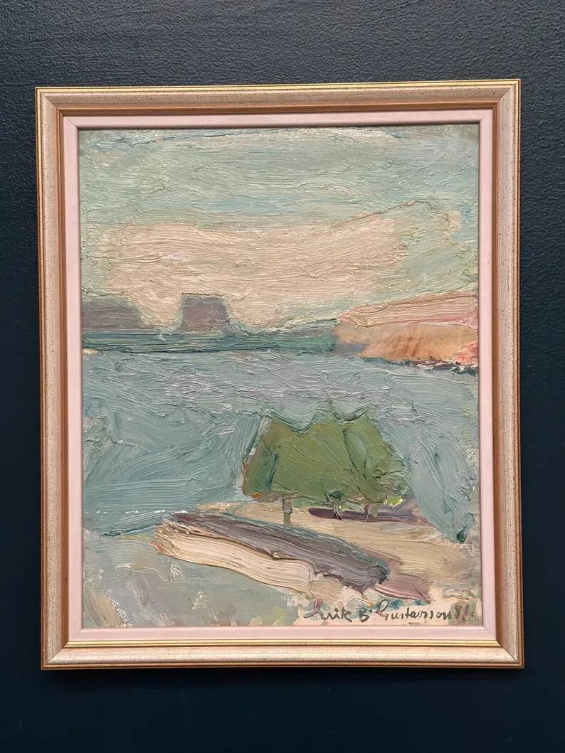 Original Swedish Oil on Canvas – "Coastal Landscape" by Erik Birger Gustavsson – Signed – Dated 1981 – Vintage and Framed – 41 × 33 cm (16.1 × 13 inches)