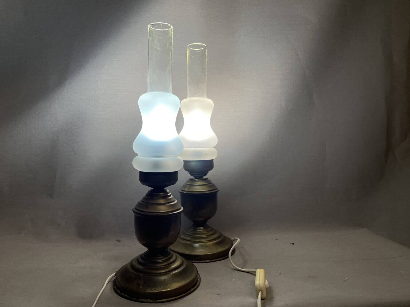 Pair Portuguese rustic brass table lamps