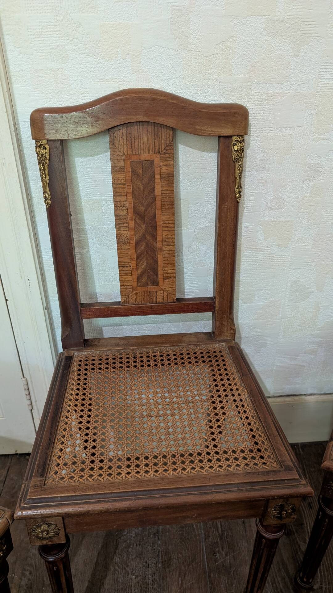 Set of 6 Louis XVI chairs in marquetry wood and caning.