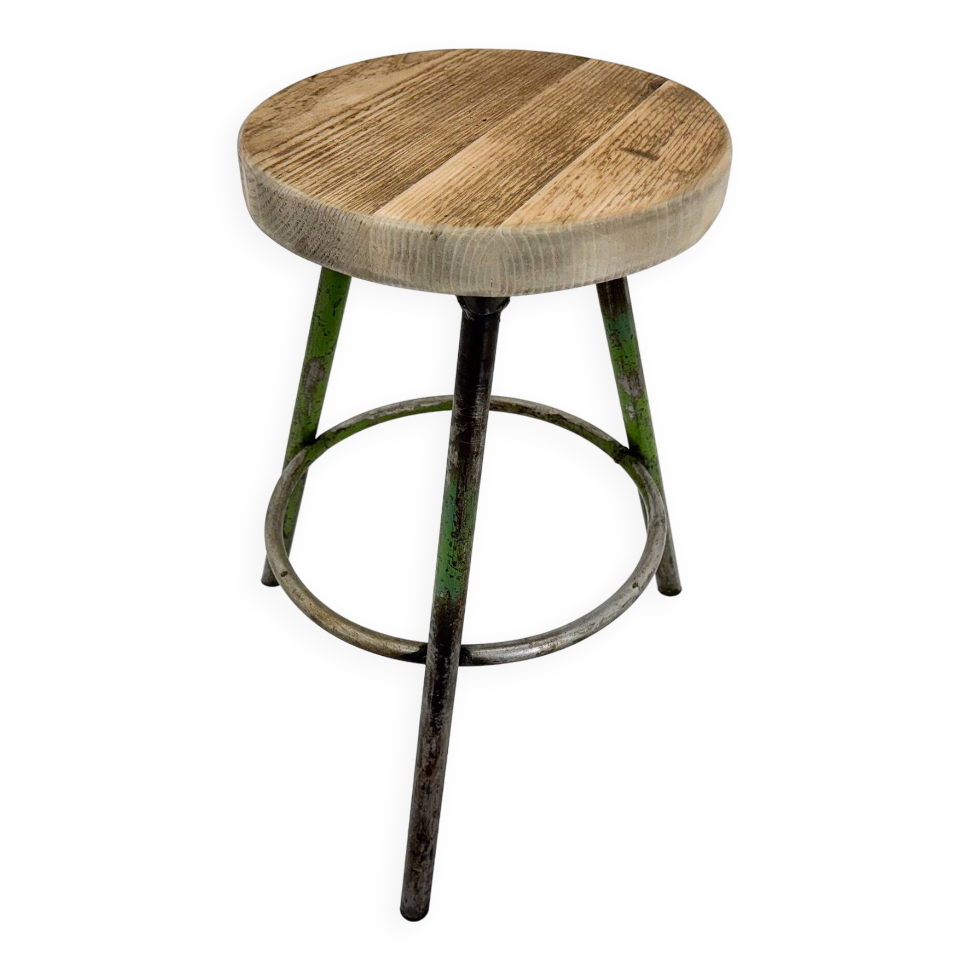 Tabouret trépied industriel vintage en acier et bois, 1950
