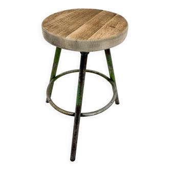 Tabouret trépied industriel vintage en acier et bois, 1950