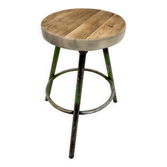 Vintage industrial steel & wood tripod stool, 1950's
