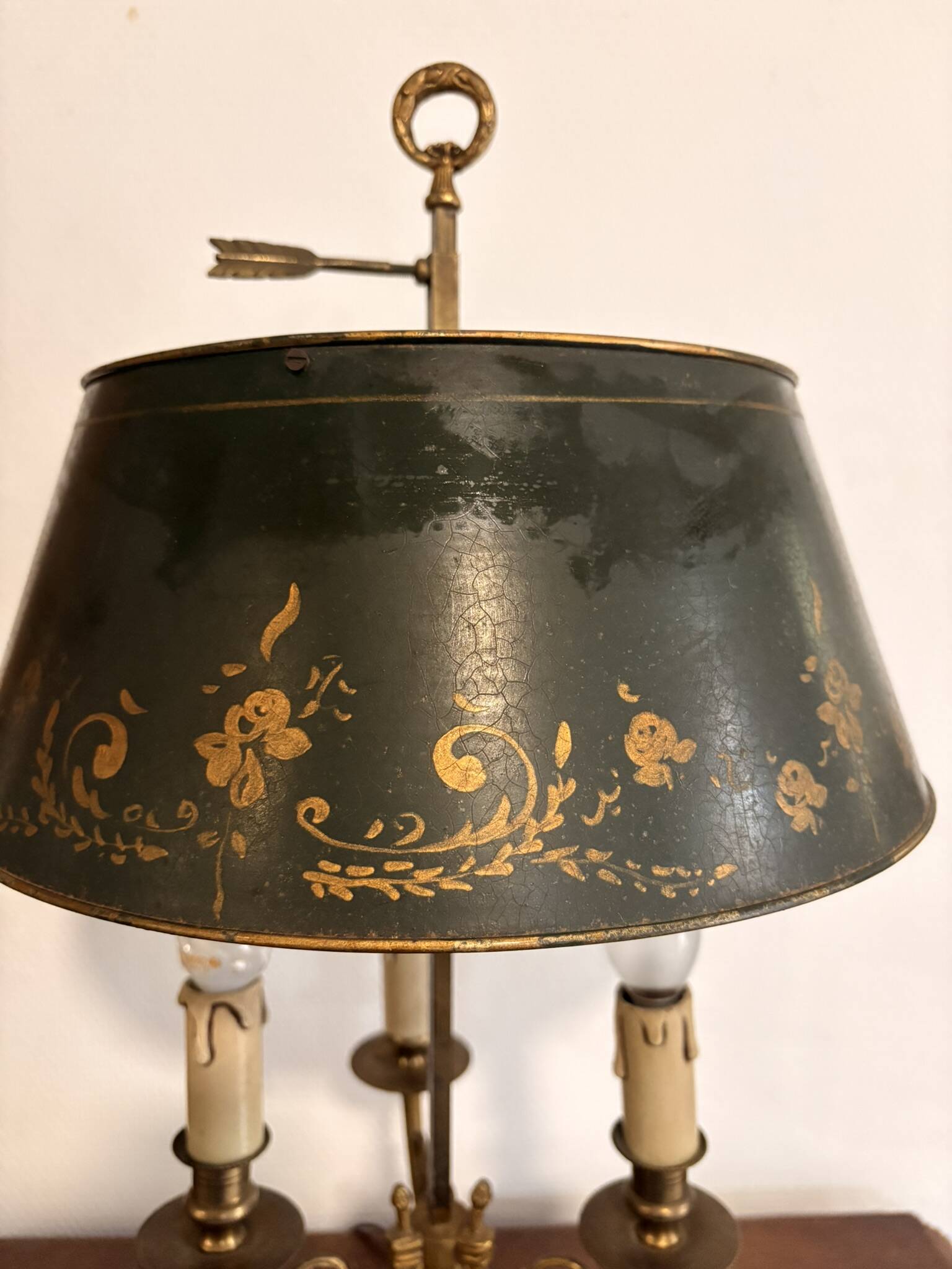 Three-Arm Bouillotte Lamp with Fire Shade, Green Tôle, Empire Directoire
